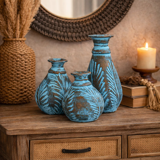 Turquoise Fronds Clay Pots - Set of 3