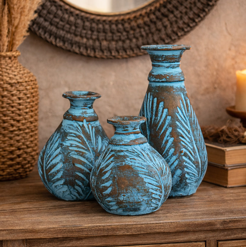 Turquoise Fronds Clay Pots - Set of 3