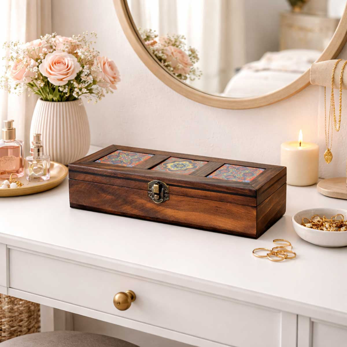 Wood And Ceramic Tile Trinket Box