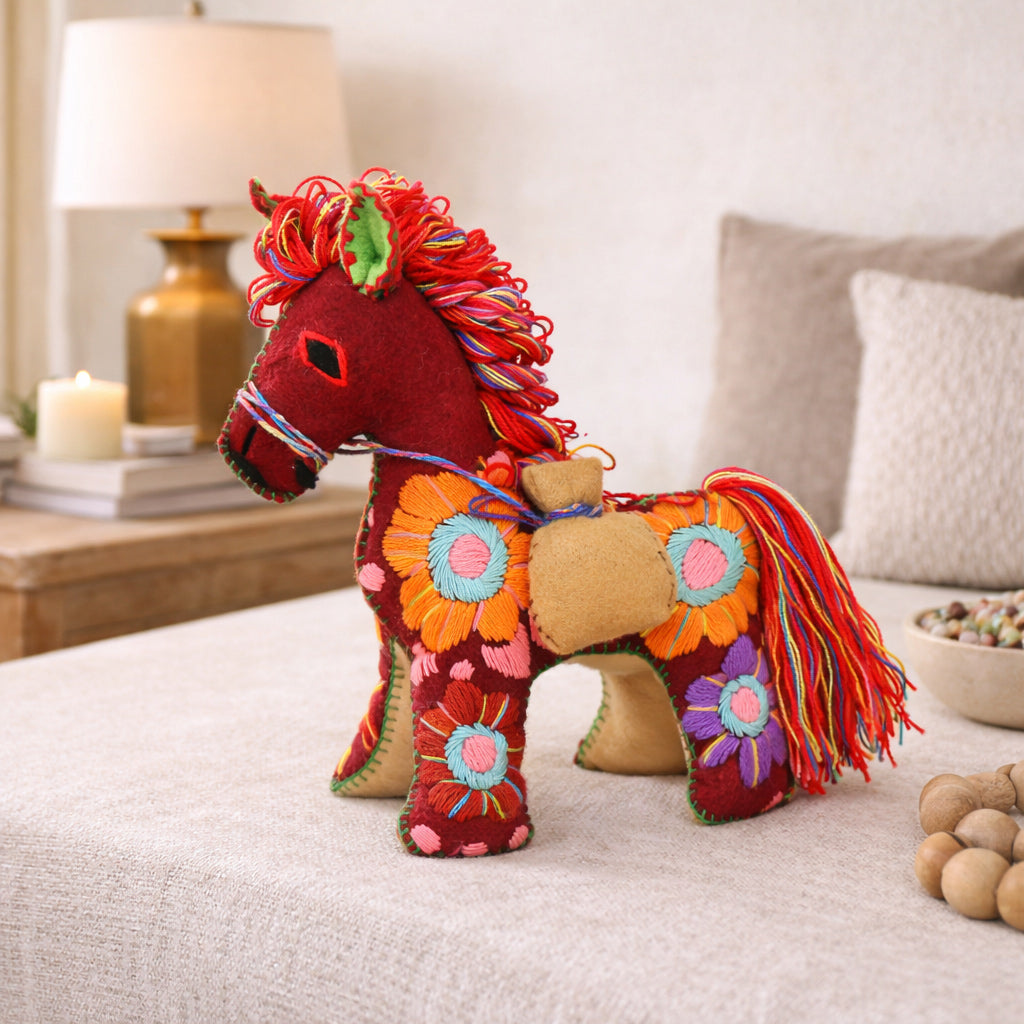 Whimsical Red Donkey Fabric Sculpture
