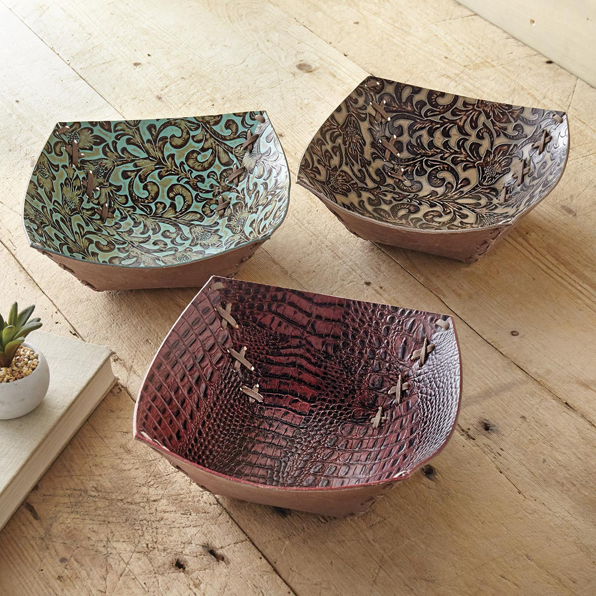 Tooled Leather Bowls - Brown
