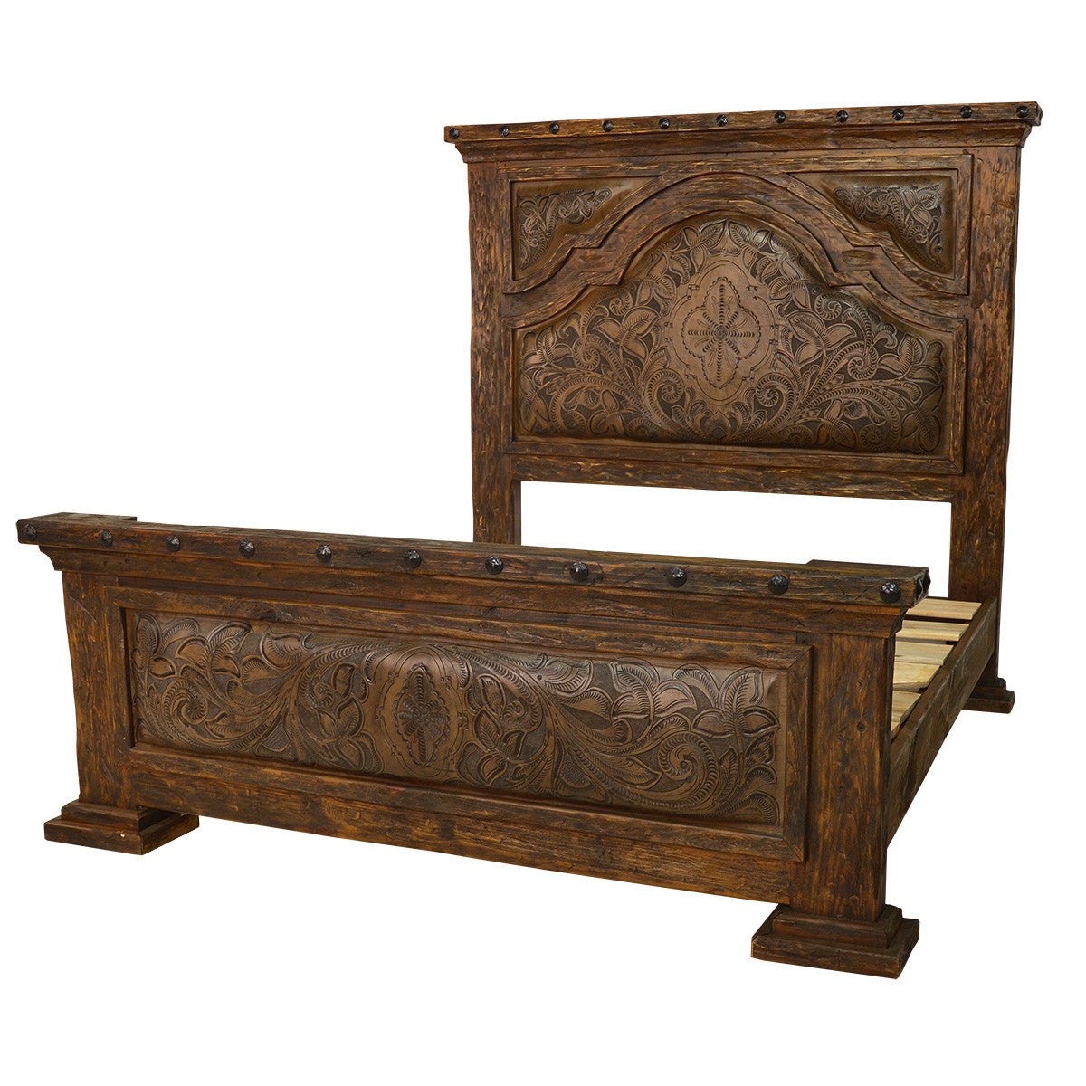 Roundup Solid Wood & Tooled Leather Bed - Queen