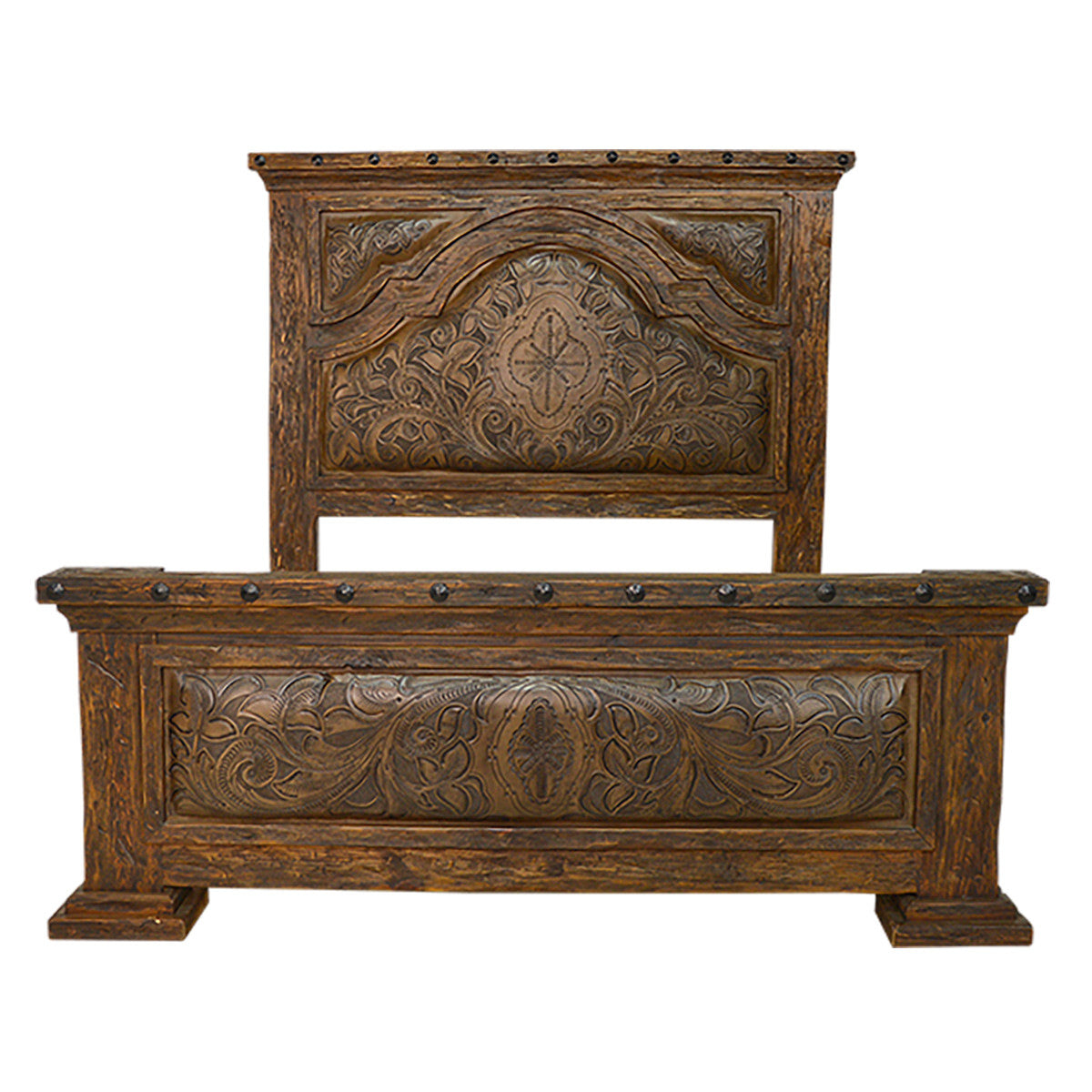 Roundup Solid Wood & Tooled Leather Bed - Queen
