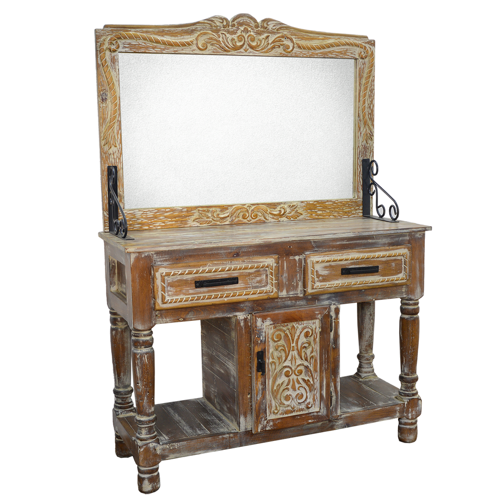 Whitewashed Rope Carved Hall Tree with Mirror