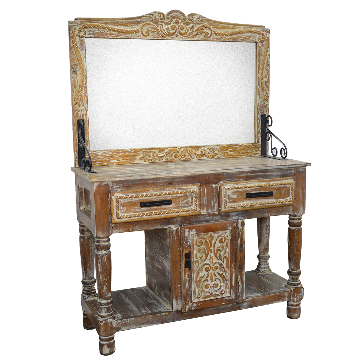 Whitewashed Rope Carved Hall Tree with Mirror