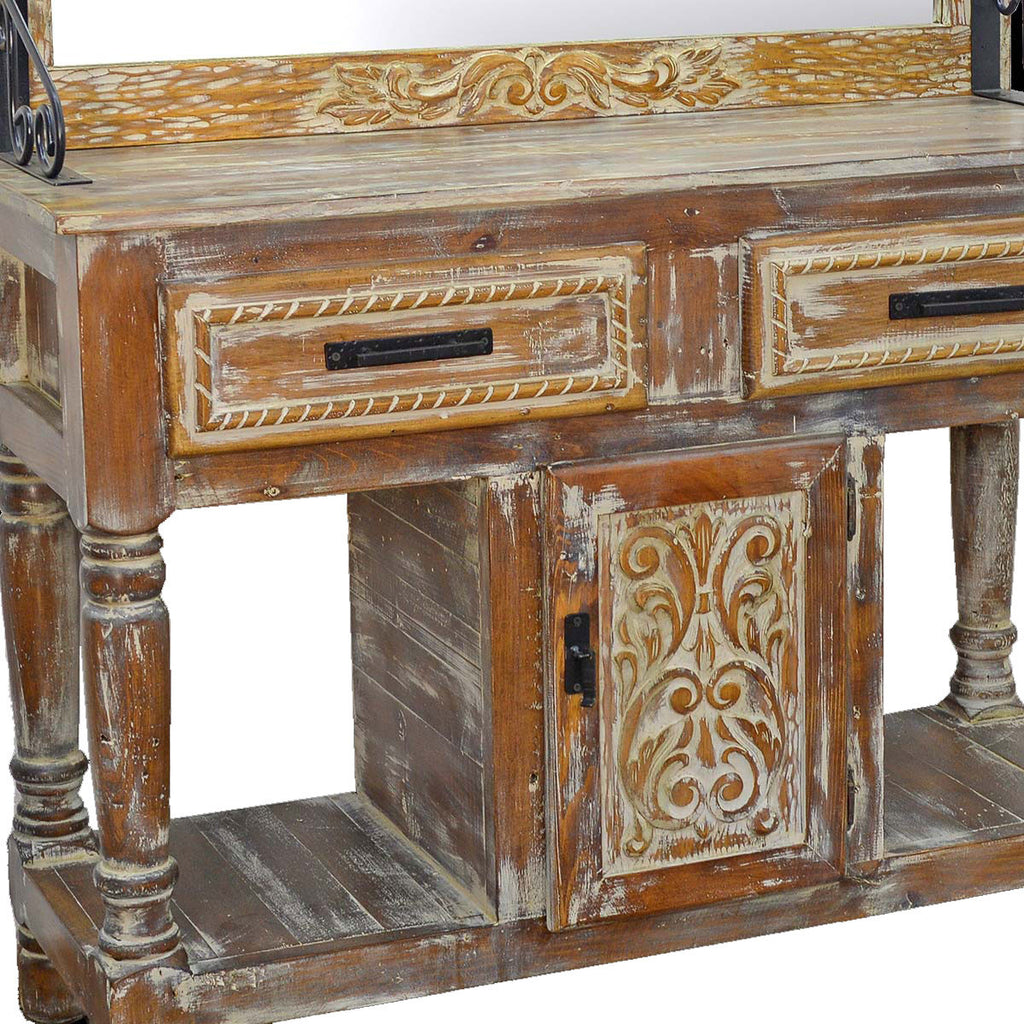 Whitewashed Rope Carved Hall Tree with Mirror