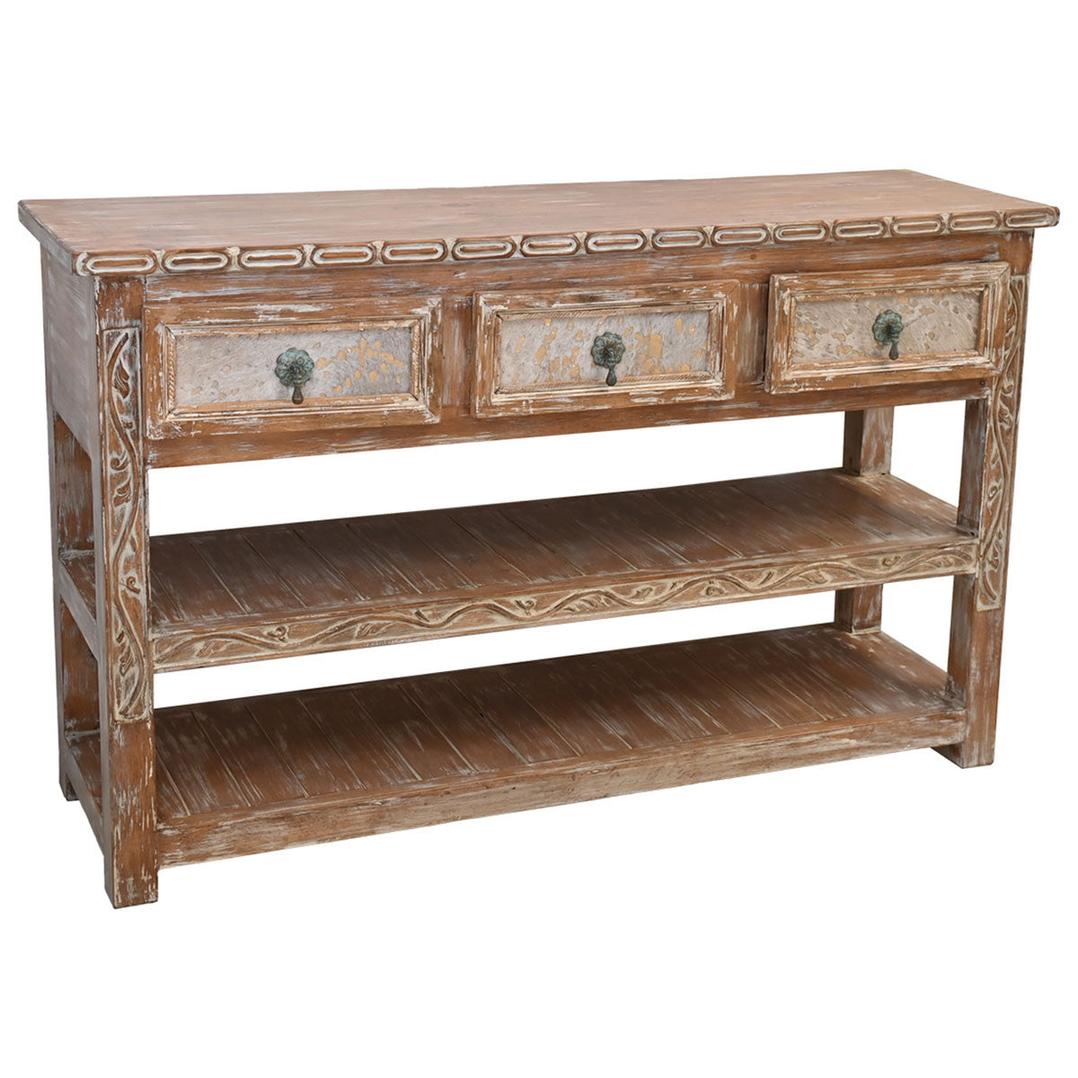 Sioux City Carved Console with Cowhide Accents