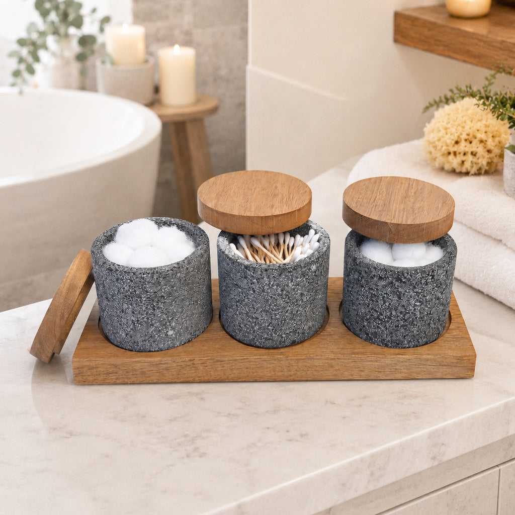 Lava Rock Canisters with Wood Tray