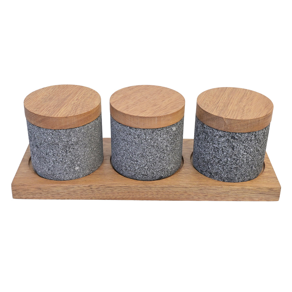 Lava Rock Canisters with Wood Tray
