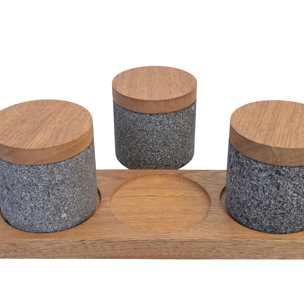 Lava Rock Canisters with Wood Tray