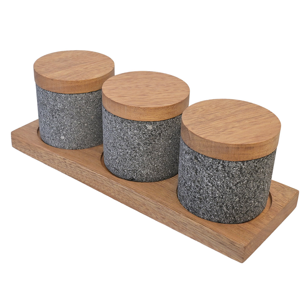 Lava Rock Canisters with Wood Tray