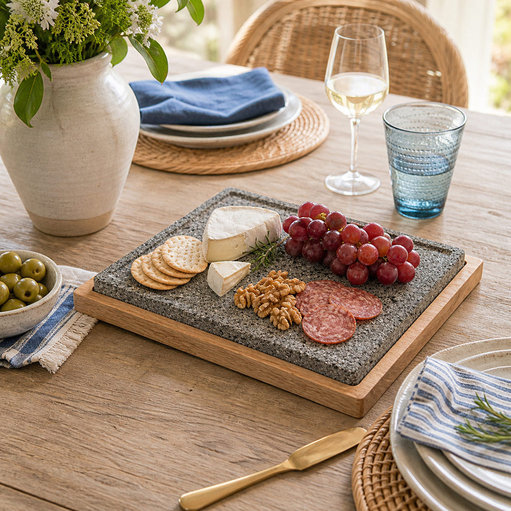 Lava Rock & Wood Serving Tray