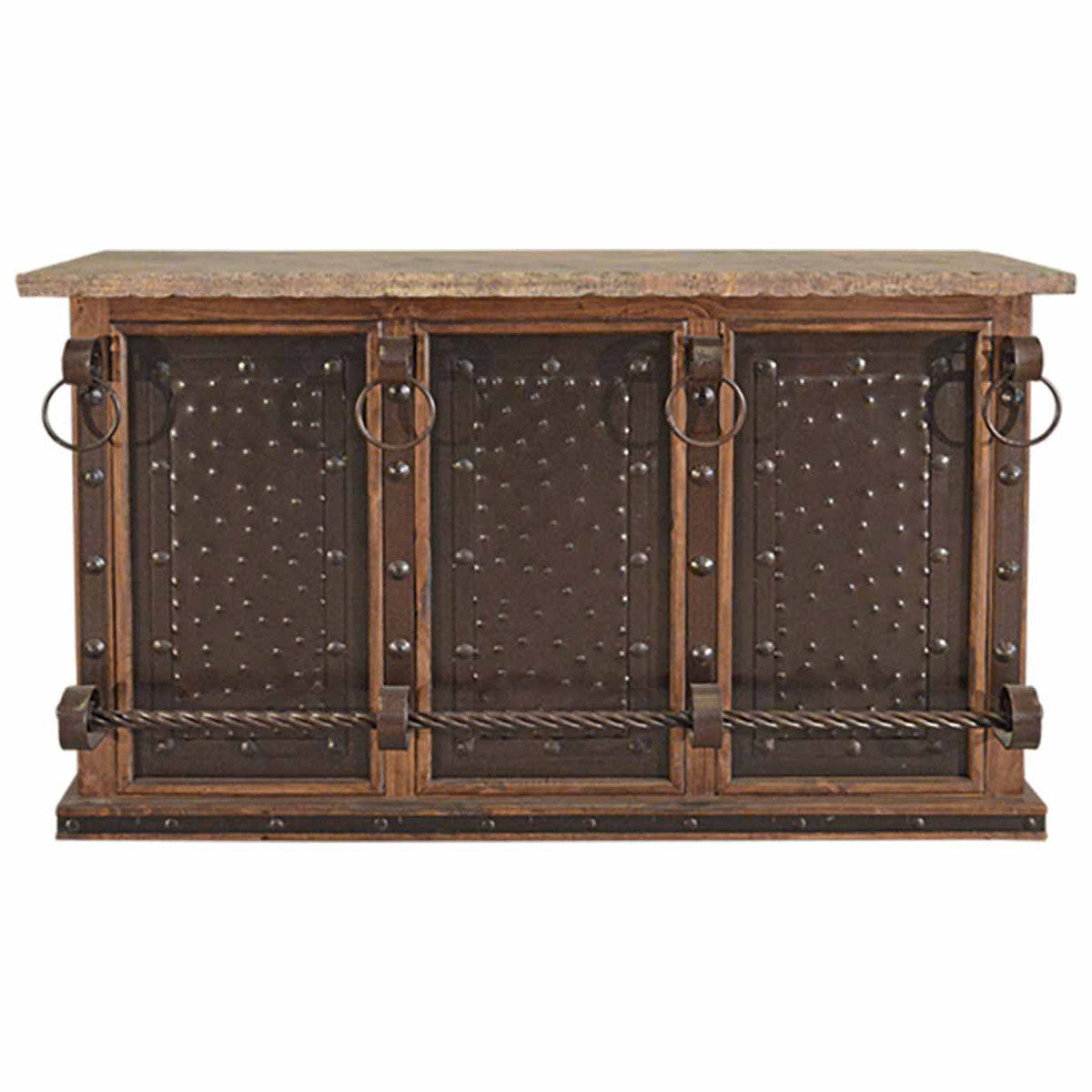 Excavator Wood Bar with Stone Top and Beaten Metal Inserts