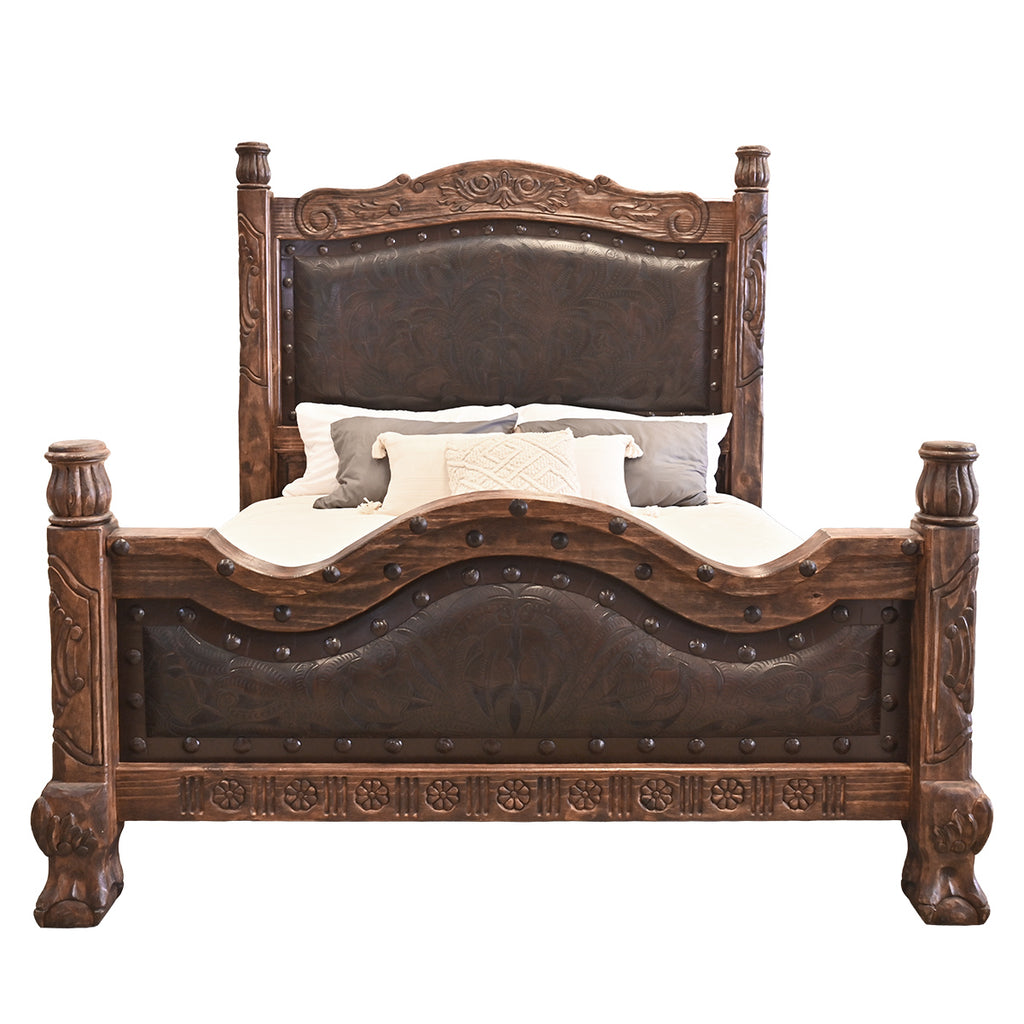 Guadalajara Carved Wood & Leather Bed - King