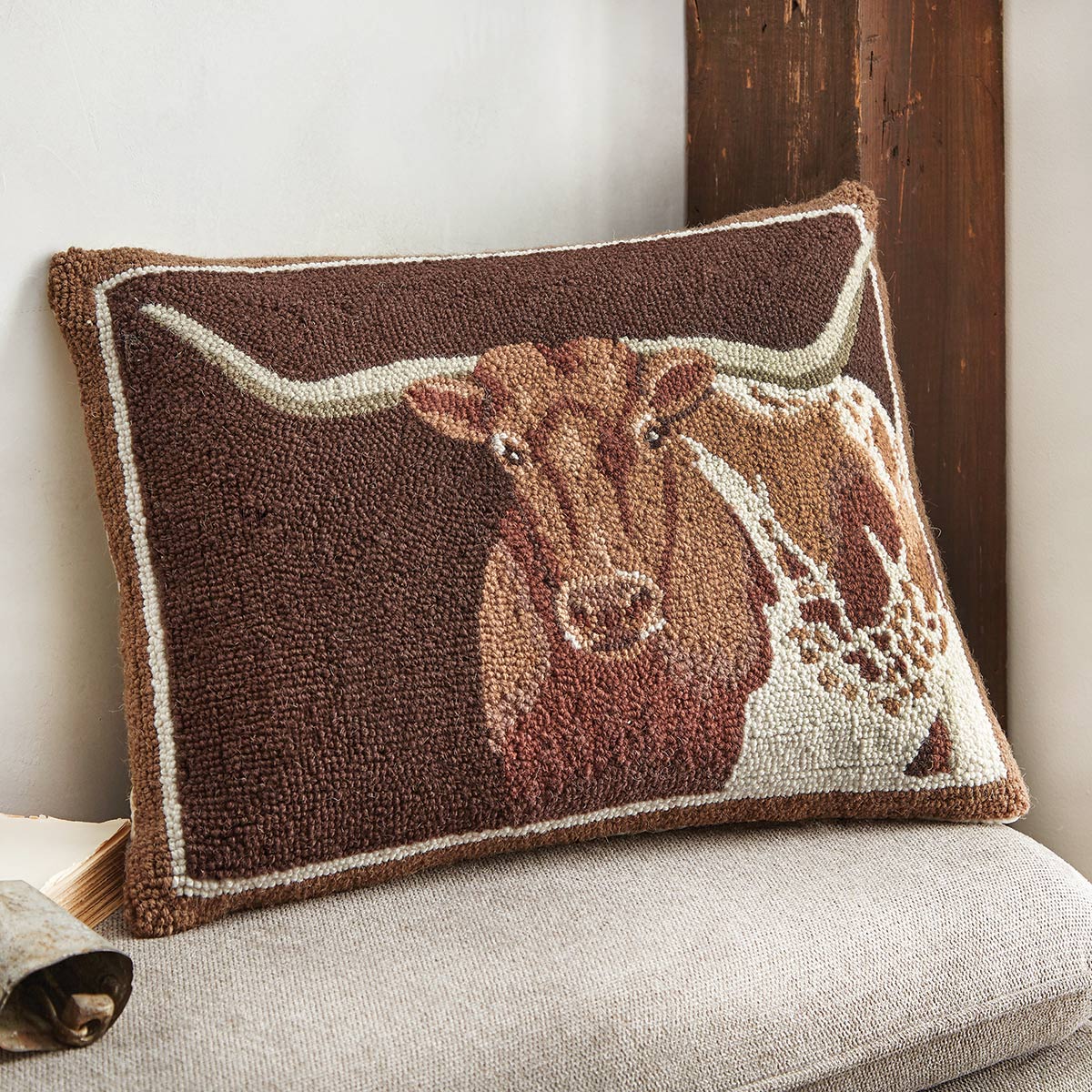 Western Longhorn Hooked Pillow