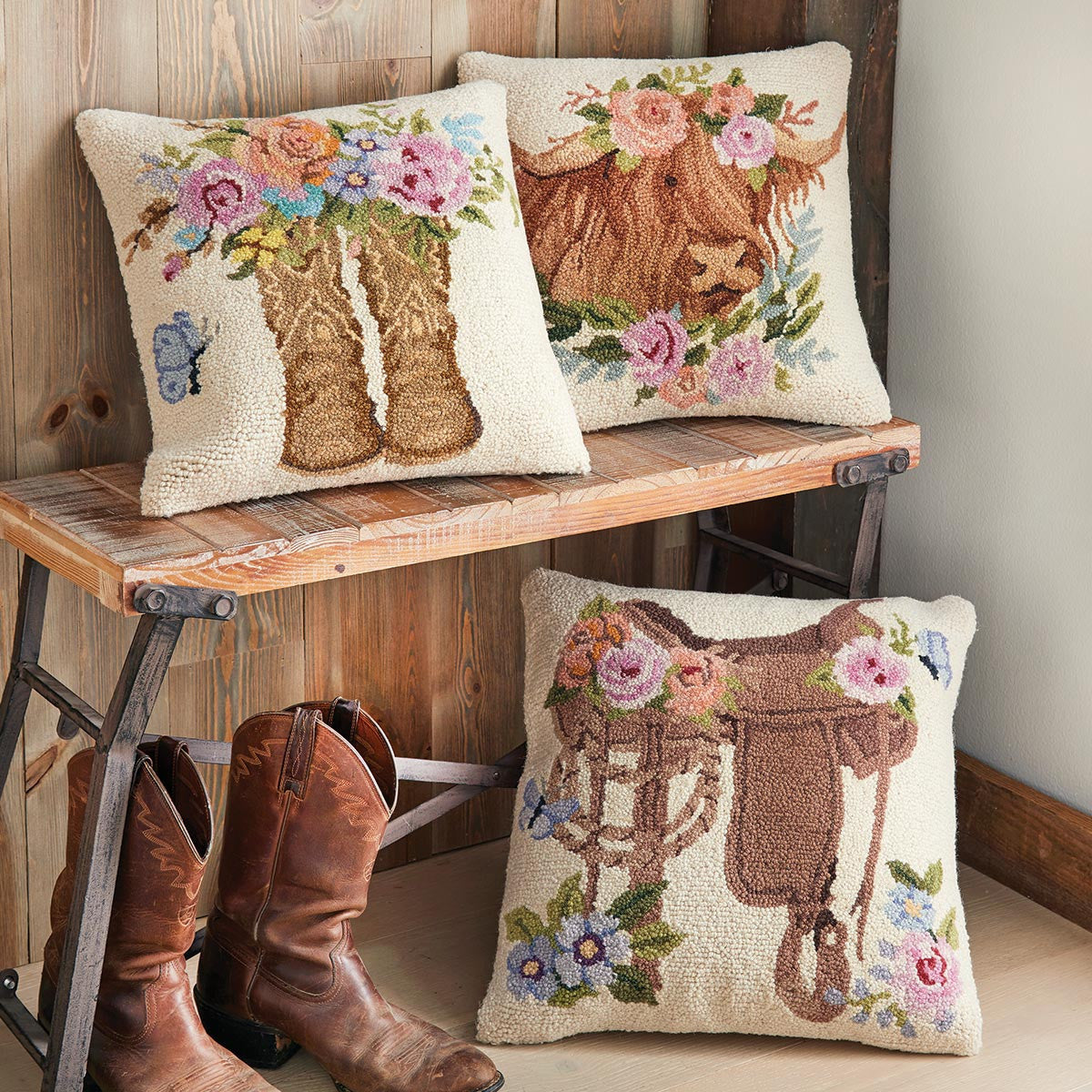 Boots & Blooms Hooked Pillow