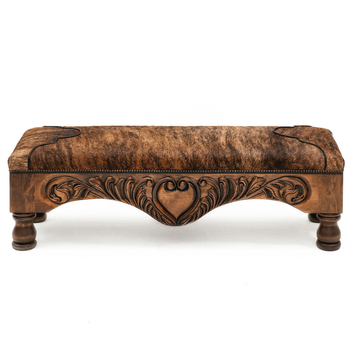 Western Scroll Carved Cowhide Bench