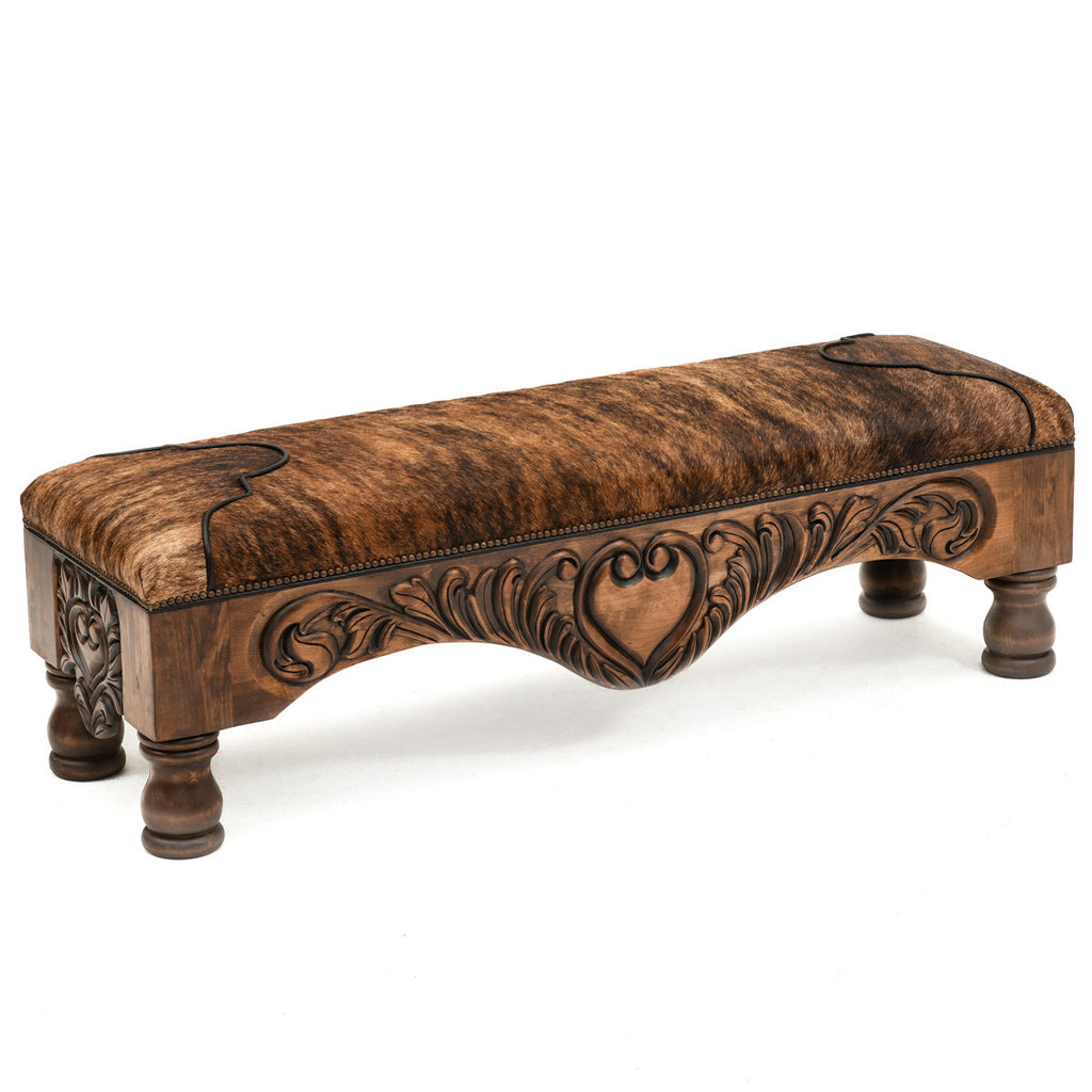 Western Scroll Carved Cowhide Bench