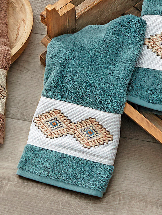 Southwest Diamond Teal Embroidered Hand Towel