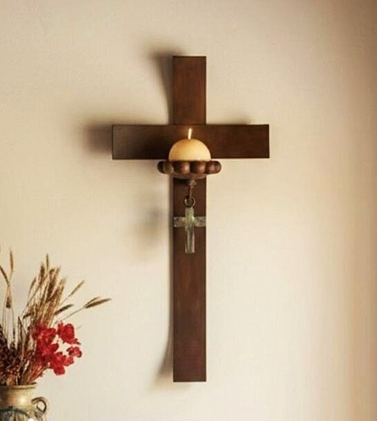 Curved Cross Candle Holder with Cross Accent And Candle