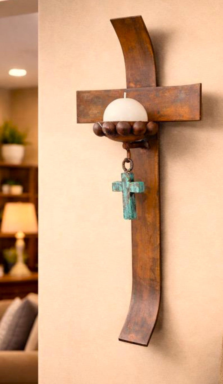 Curved Cross Candle Holder with Cross Accent And Candle