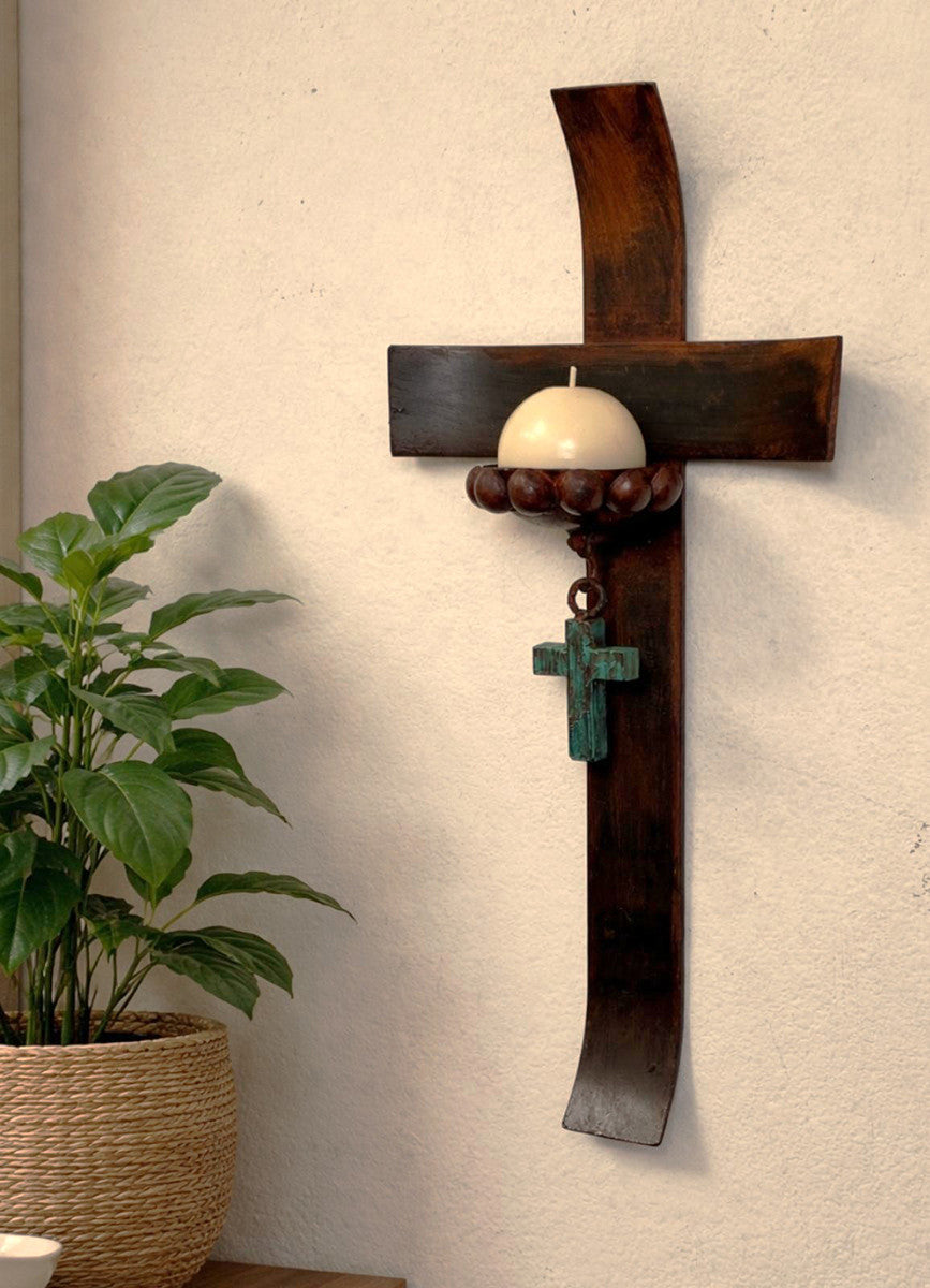 Curved Cross Candle Holder with Cross Accent And Candle