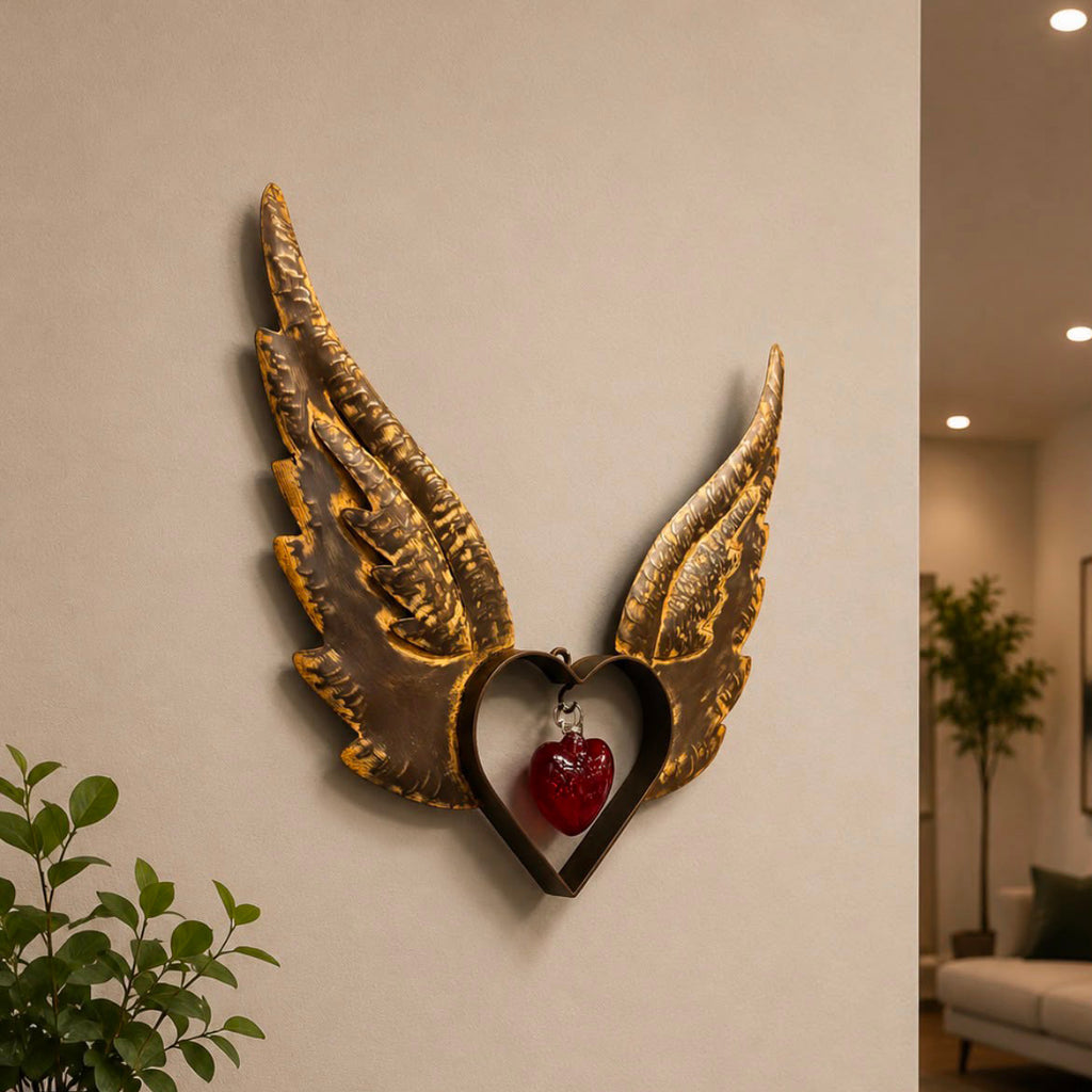 Angel Wings Up Heart with Crackled Glass