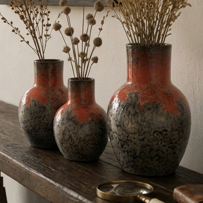 Red Sunset Clay Vases - Set of 3