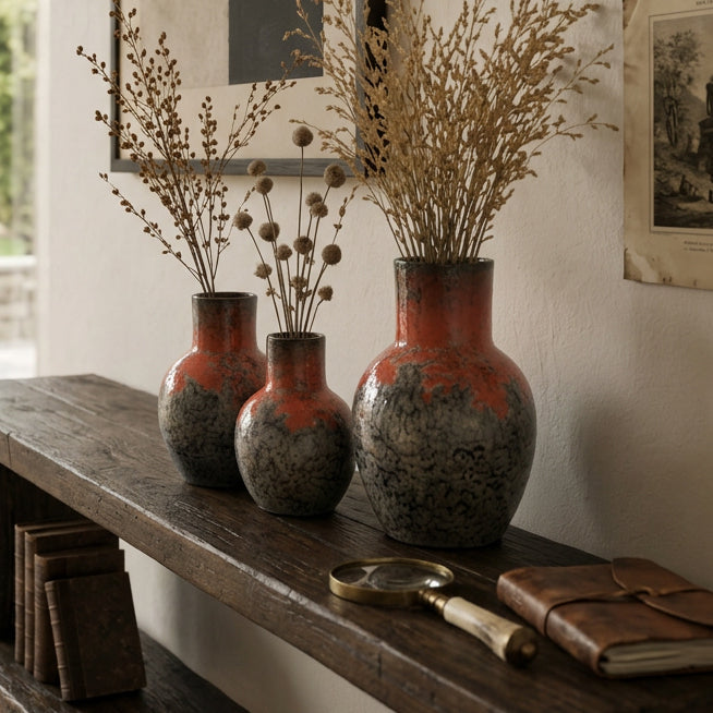 Red Sunset Clay Vases - Set of 3