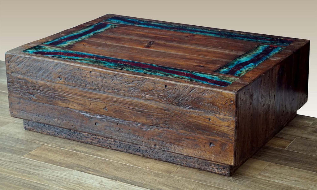 Rustic Iron & Wood Coffee Table with Glass Border