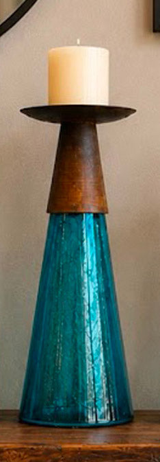 Reversible Candle Holder / Vase with Crackled Turquoise Glass and Candle - Small