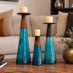 Reversible Candle Holder / Vase with Crackled Turquoise Glass and Candle - Small