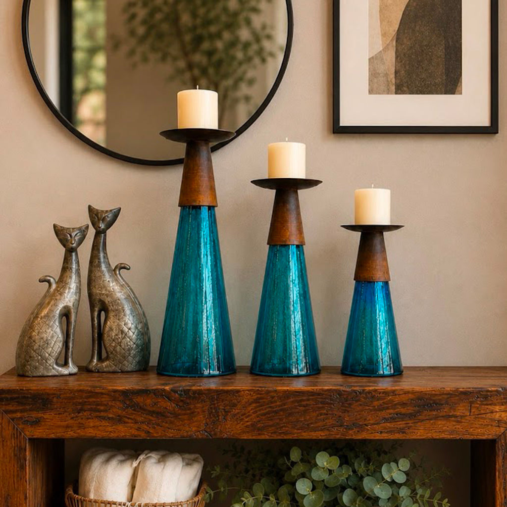 Reversible Candle Holder / Vase with Crackled Turquoise Glass and Candle - Small