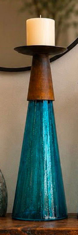 Reversible Candle Holder / Vase with Crackled Turquoise Glass and Candle - Medium