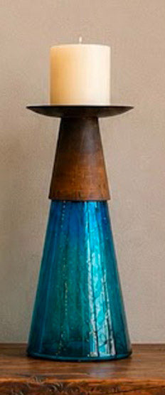 Reversible Candle Holder Vase with Crackled Turquoise Glass and Candle - Extra Small