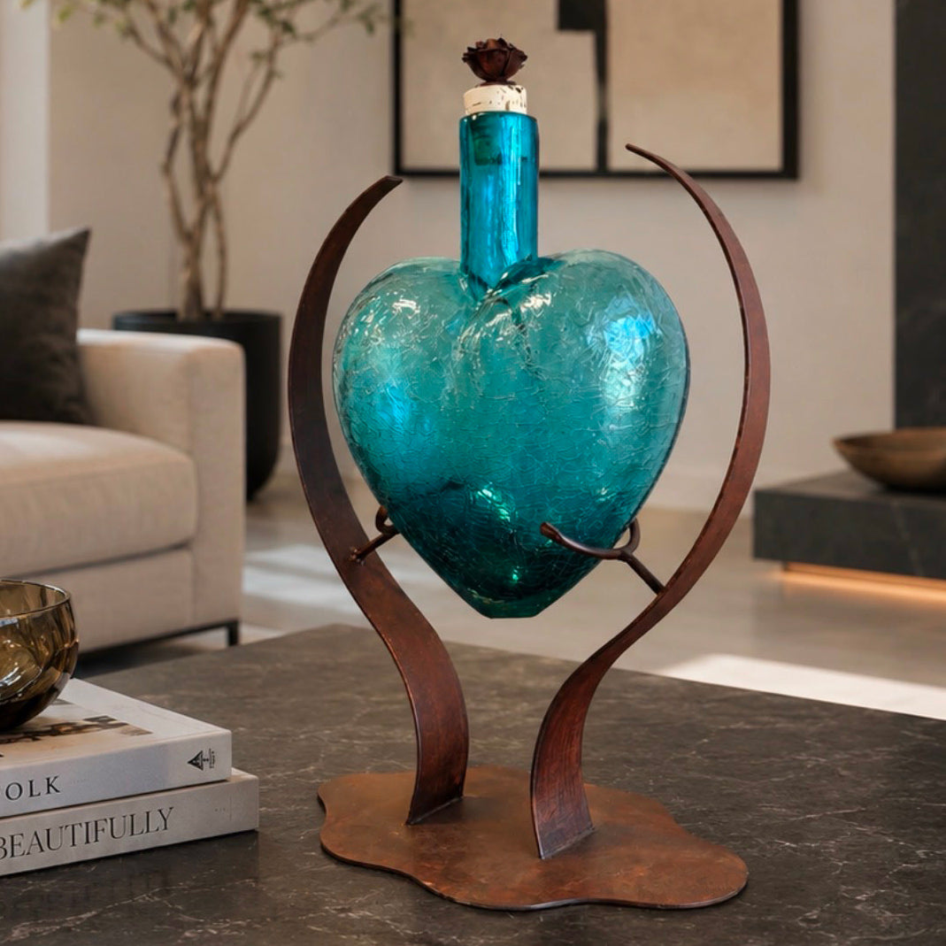 Turquoise Heart Glass Art Decanter