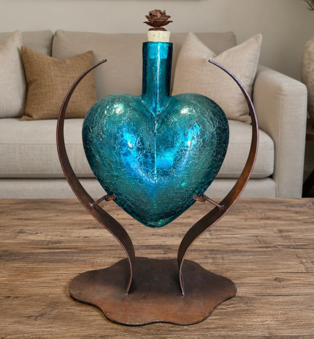 Turquoise Heart Glass Art Decanter