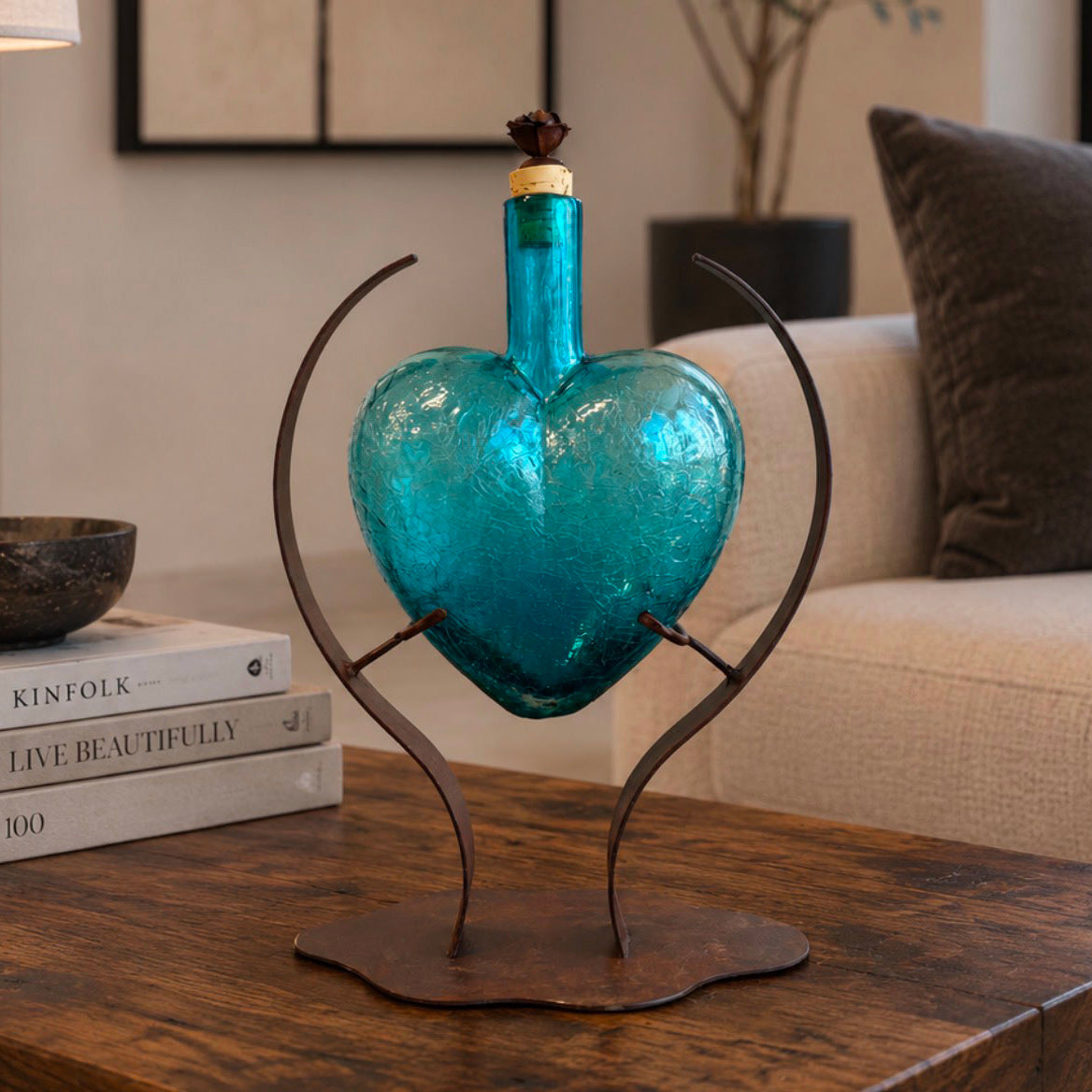 Turquoise Heart Glass Art Decanter