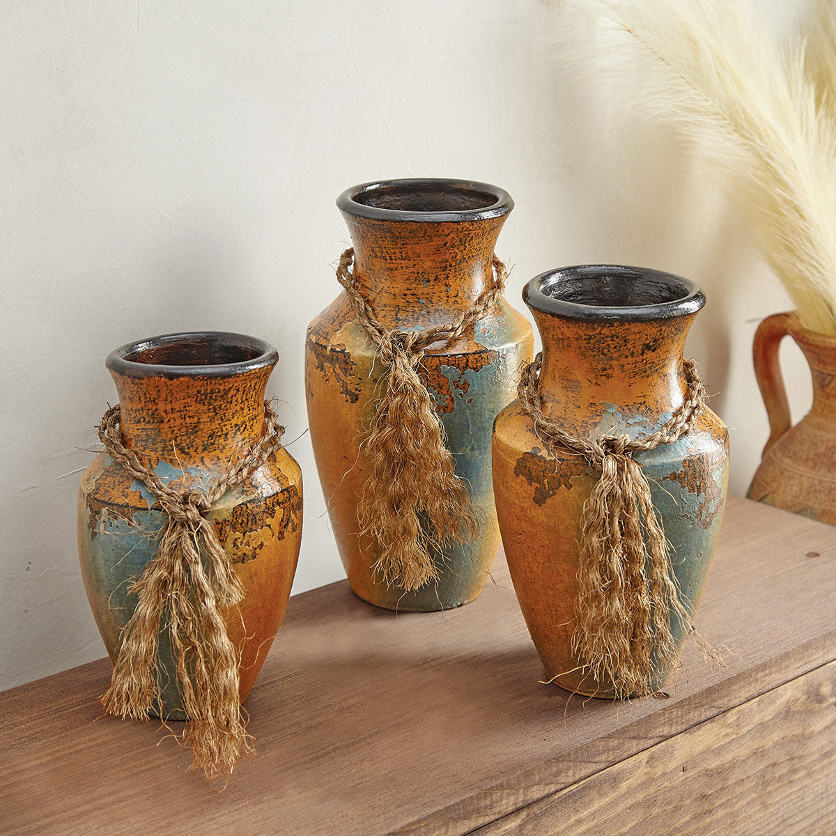 Aged Turquoise Pottery Vases - Set of 3