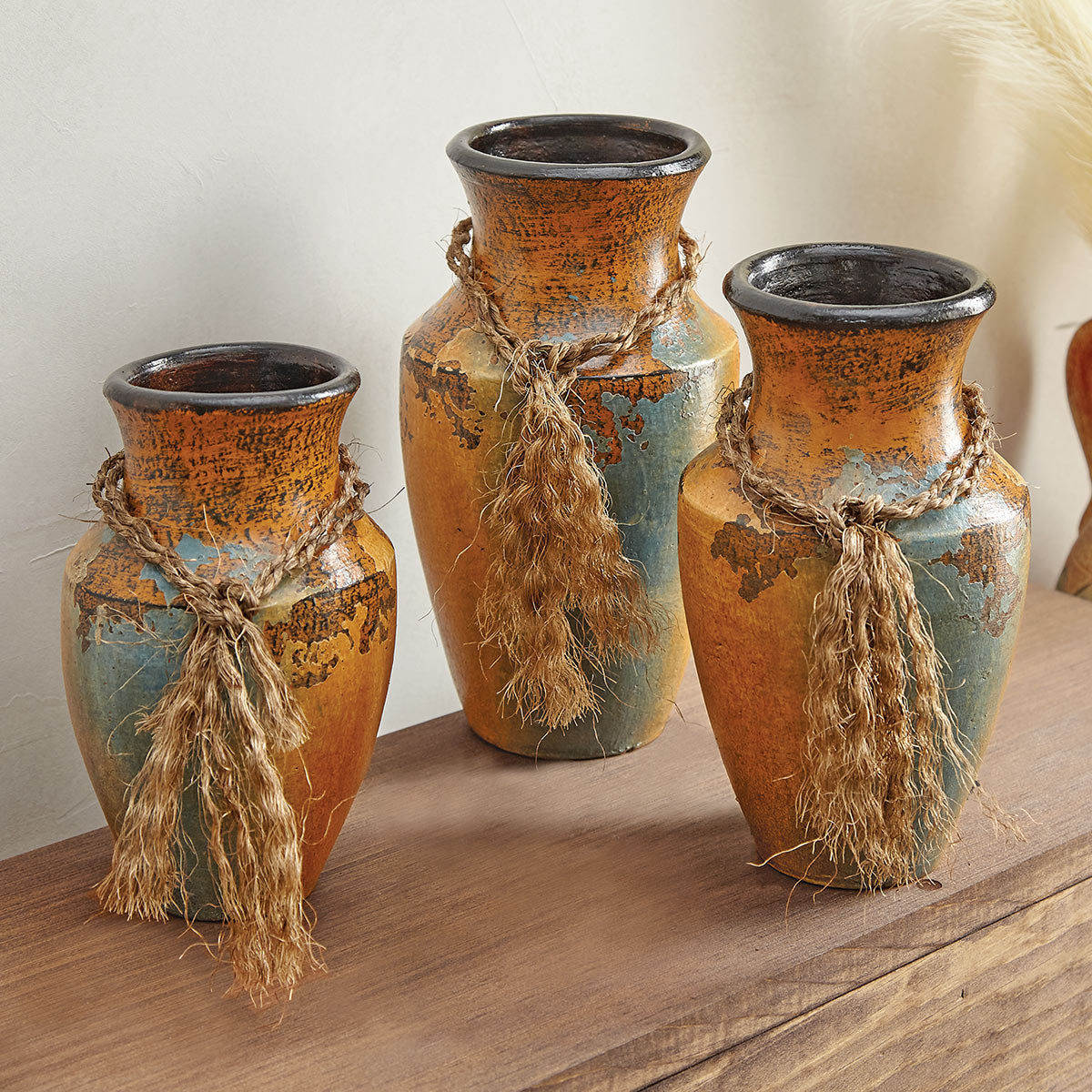 Aged Turquoise Pottery Vases - Set of 3