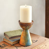 Aged Turquoise Clay Pillar Candle Holder