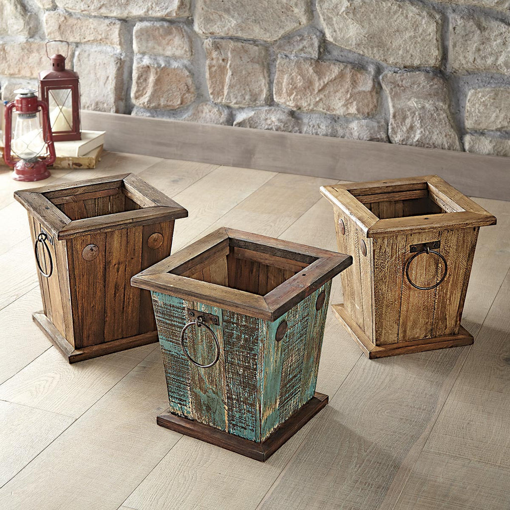 Southwestern Wood Waste Basket - Turquoise