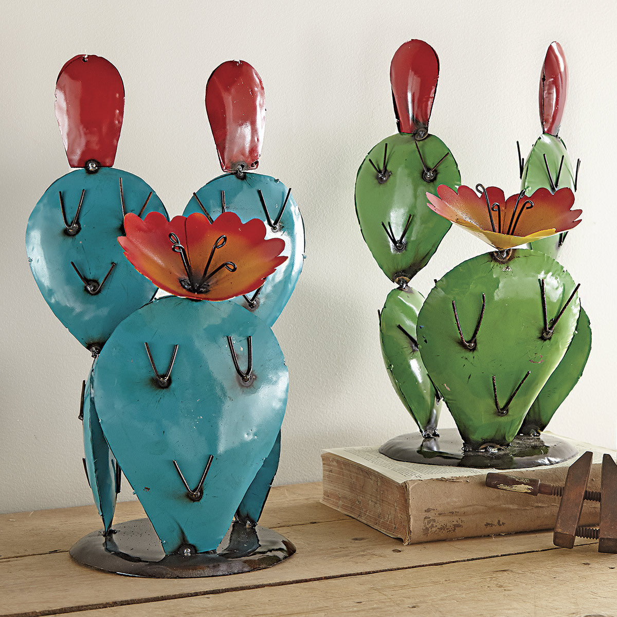 Prickly Bloom Cactus Metal Art Sculpture - Turquoise