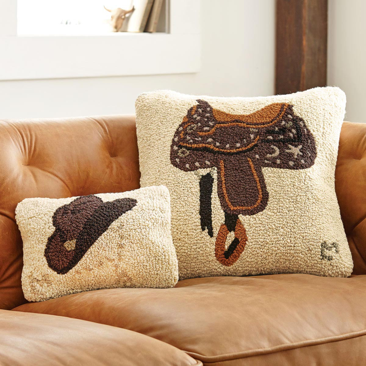 Western Saddle Hooked Wool Pillow