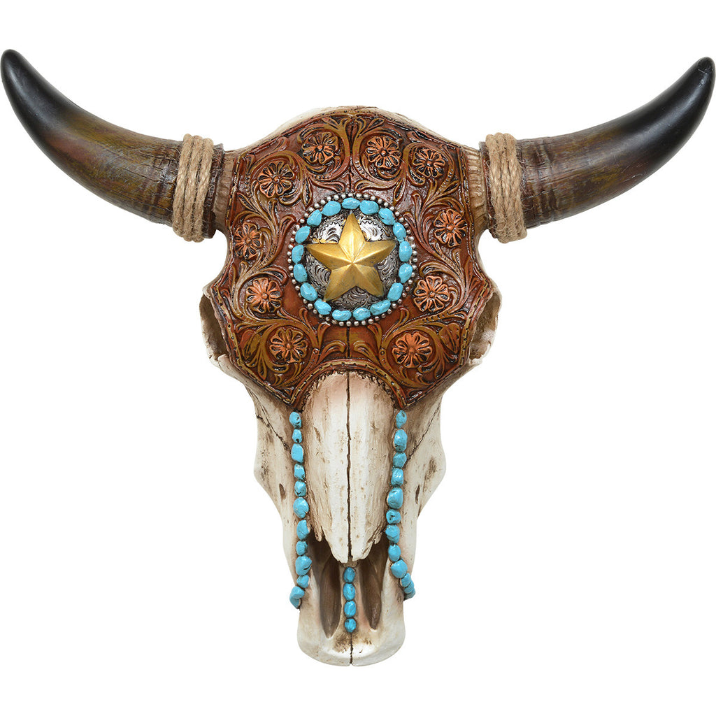 Bull Skull with Tooled Leather Design