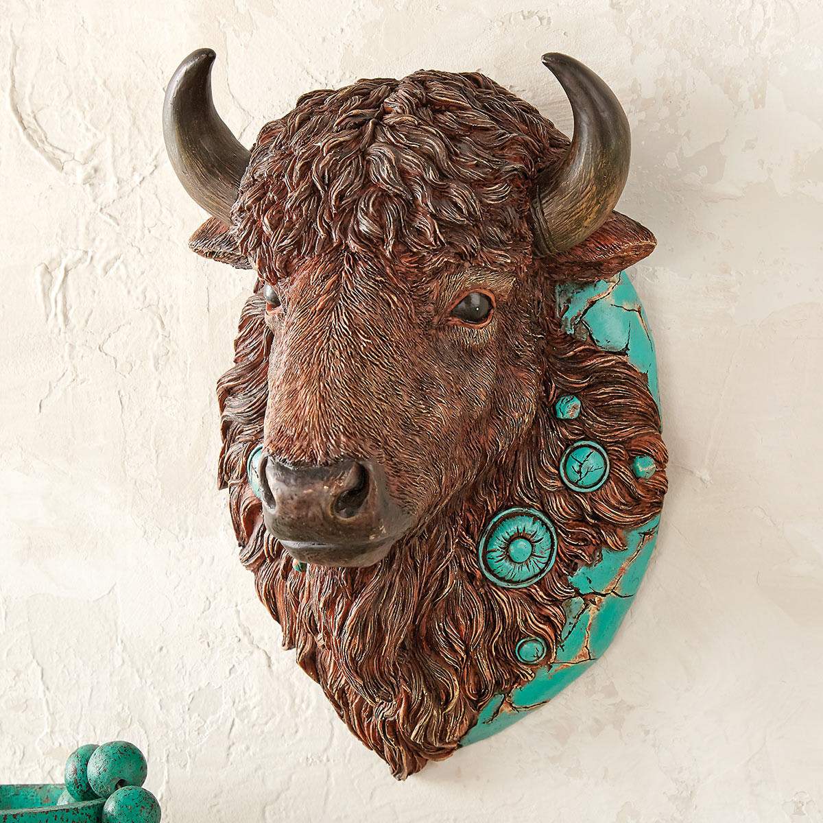 Turquoise Spirit Buffalo Bust Wall Sculpture