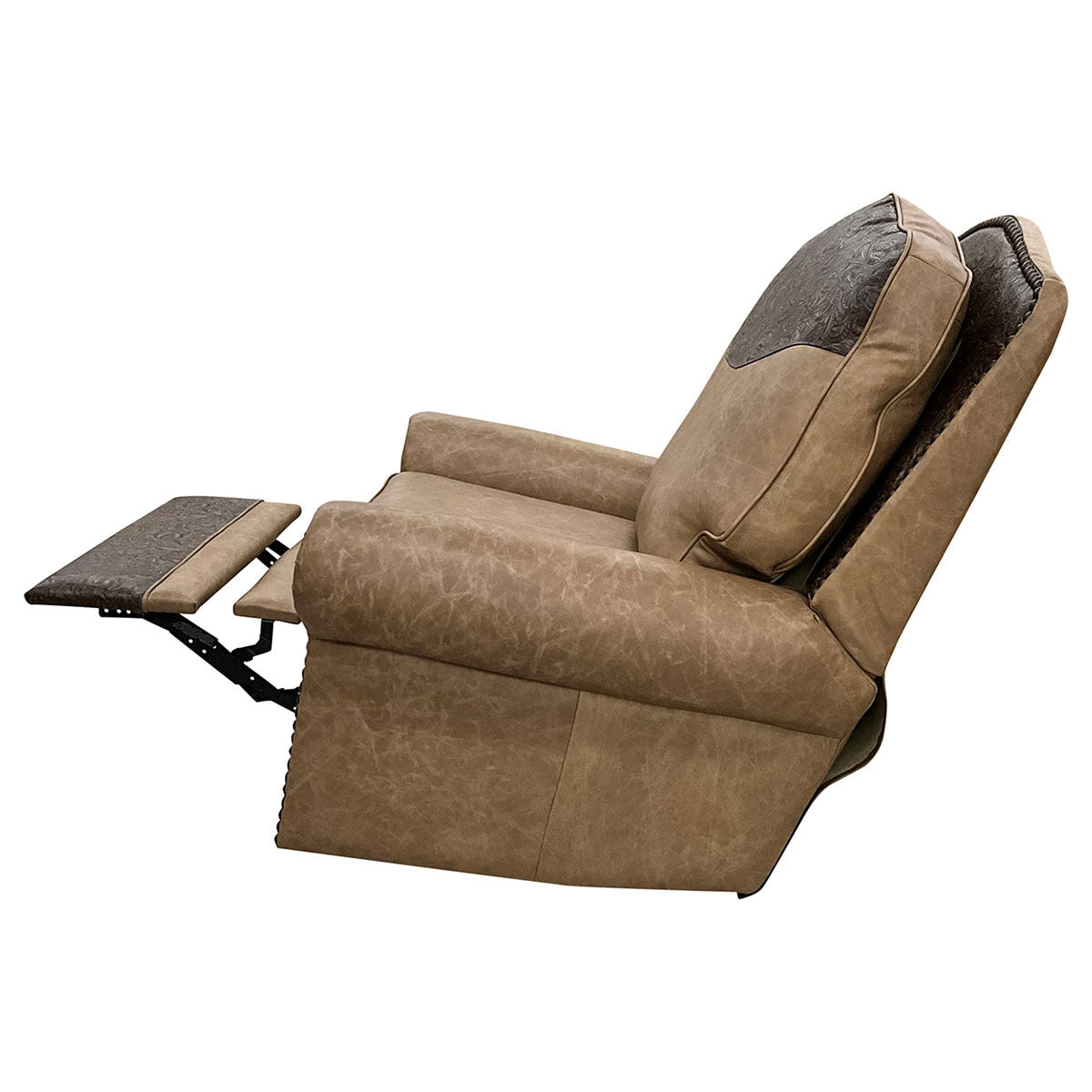 Frontiersman Swivel Recliner - Palio Camel Leather & Floral Bone Black Leather