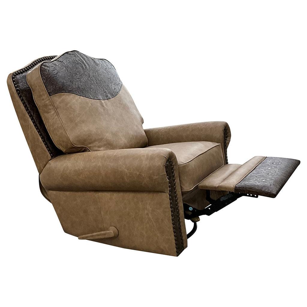 Frontiersman Swivel Recliner - Palio Camel Leather & Floral Bone Black Leather
