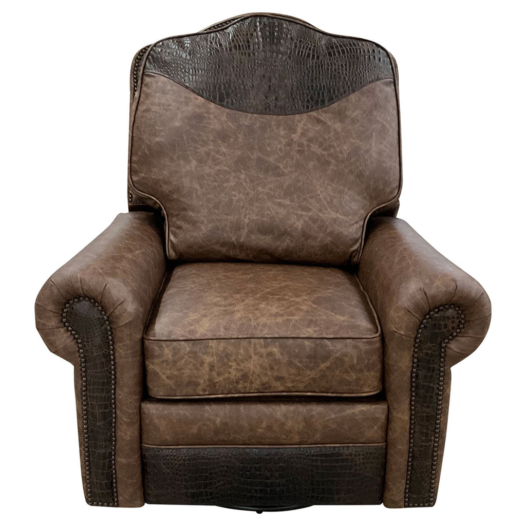 Frontiersman Swivel Recliner - Palio Rum Leather & Gator Rustic Walnut Leather