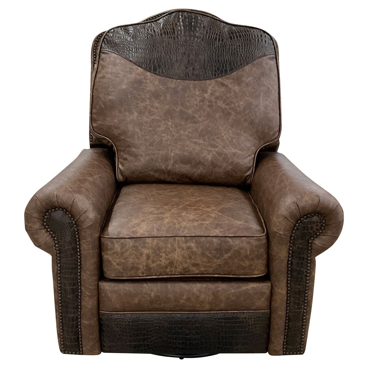 Frontiersman Swivel Recliner - Palio Rum Leather & Gator Rustic Walnut Leather